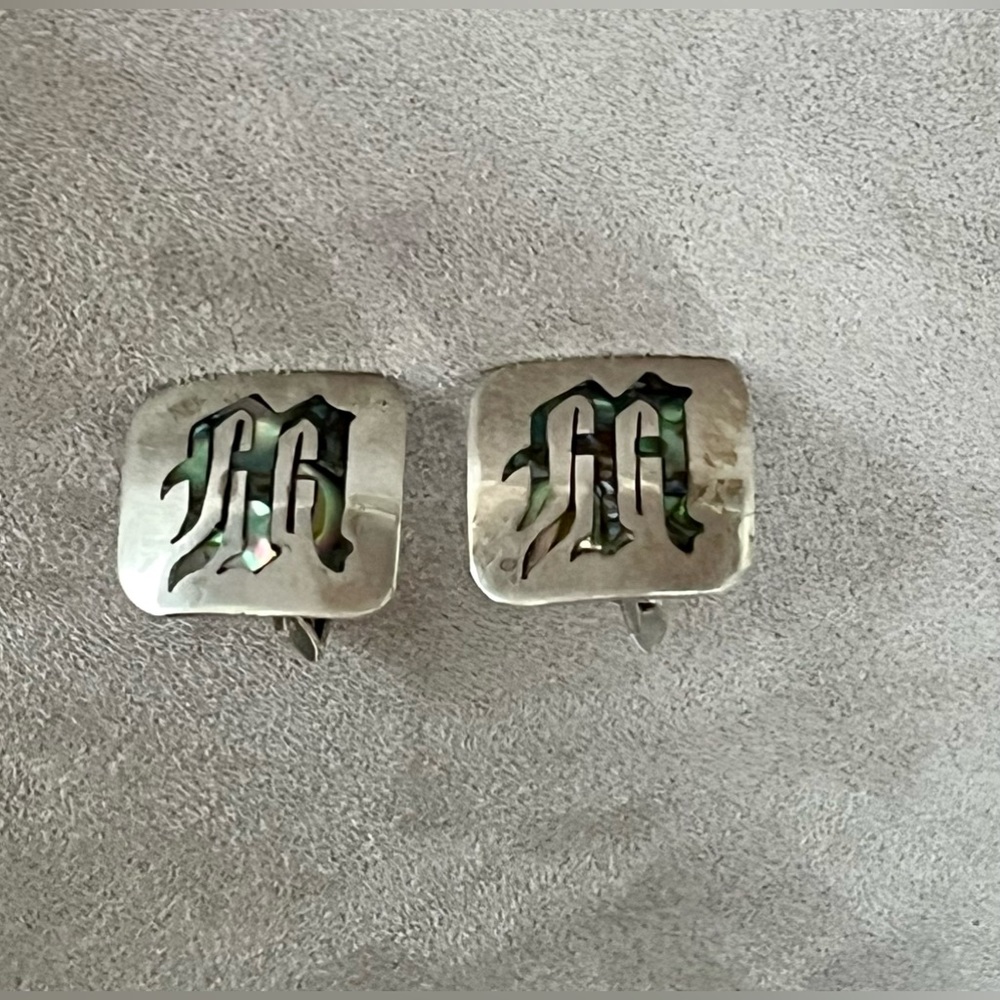Vintage Rancho Alegre cuff links sterling silver abalone initial M, beautiful - Picture 3 of 8